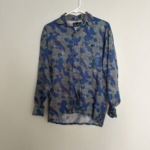 Rafael's Vintage Women's Blouse Size Small Blue Paisley Button Down Pattern